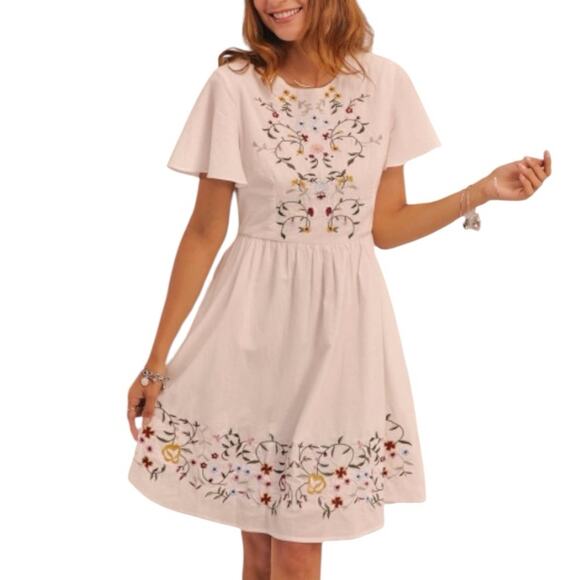 Floral Embroidered A-line Dress Flutter Sleeves White Multi Women’s Size Medium - Picture 13 of 13